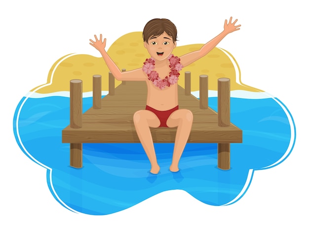 The boy is sitting on the pier, against the background of the sea and the beach. paradise island. cartoon style.