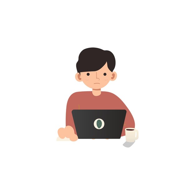 A boy is sitting with a laptop and a green circle on the screen