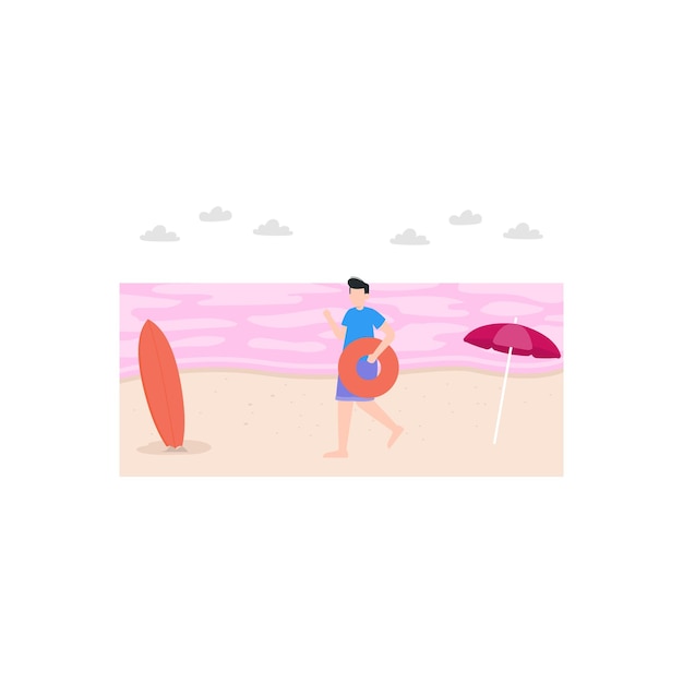 소년은 고무 튜브와 함께 해변에 서 있다