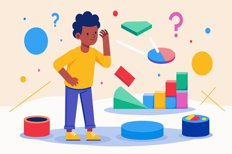 Vector a boy is standing in front of a bunch of shapes and numbers