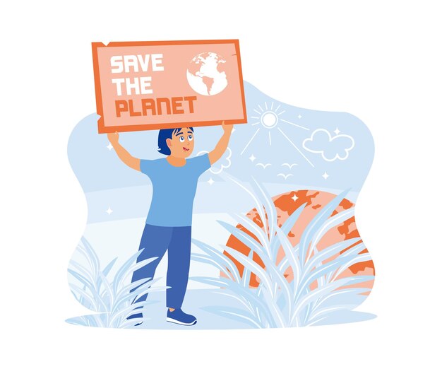 Vector the boy is standing and holding an ecology poster outdoors and calling to protect the earth from was