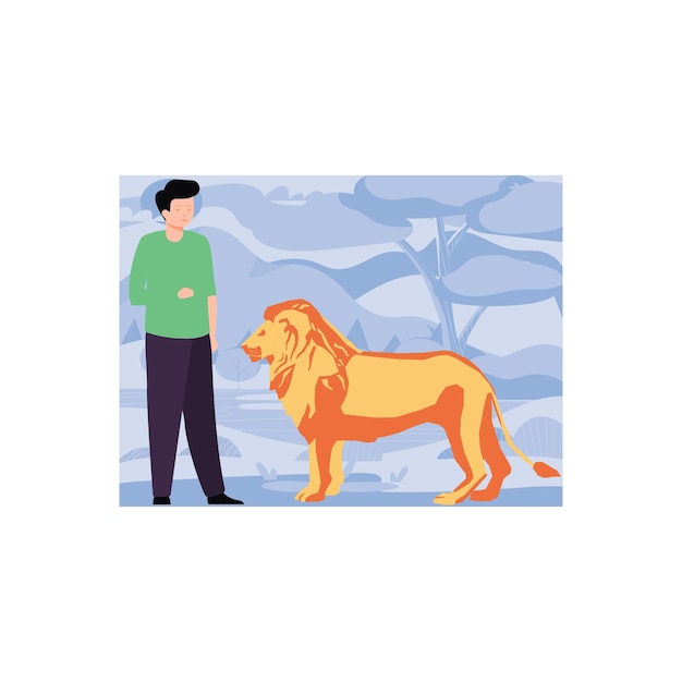 The boy is standing next to the lion