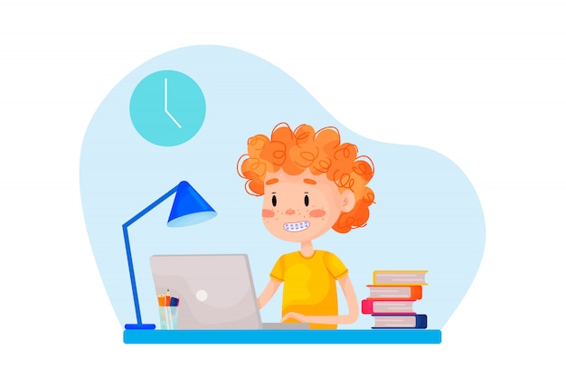 Boy is studying online with the laptop by the table at home. Vector flat illustration for websites. Quarantine stay home pandemic