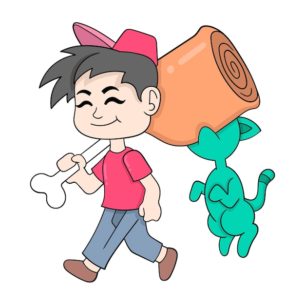 Boy is walking happily carrying big meat doodle icon image kawaii