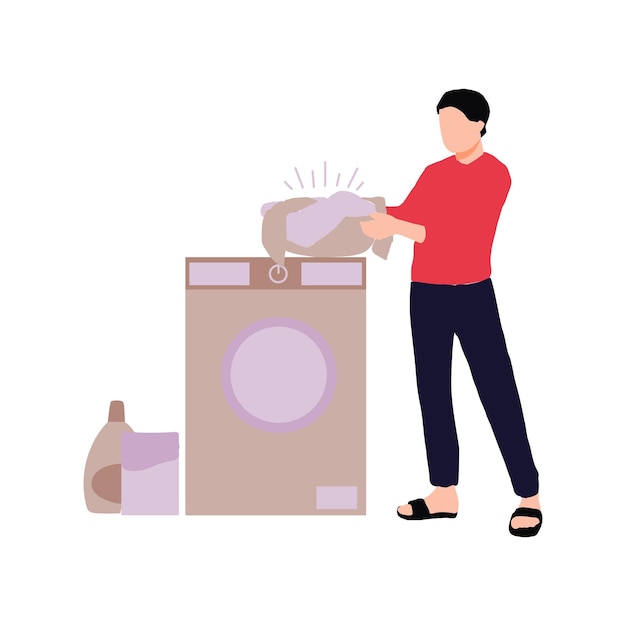 Vector the boy is washing clothes in the machine