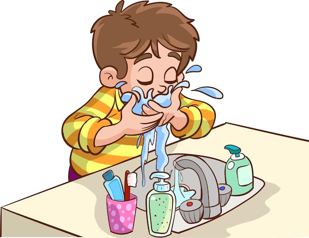 A boy is washing his face in front of a sink with soap and toothpaste.