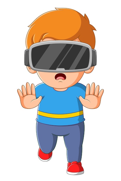 Мальчик носит виртуальную реальность и ходит
