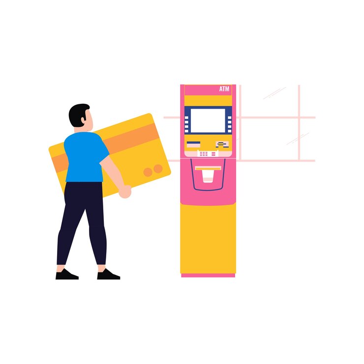 Vector the boy is withdrawing money from the atm