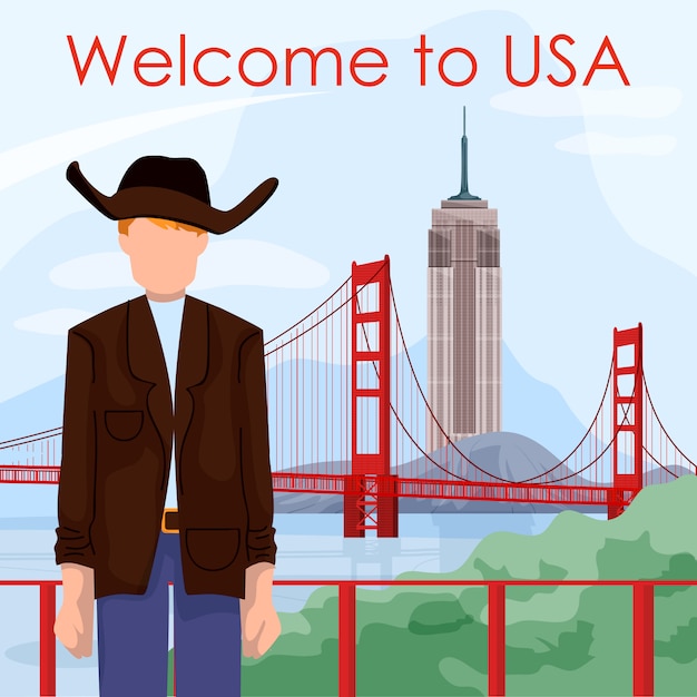 Vector boy in jacket and cowboy hat on background landscape in usa.