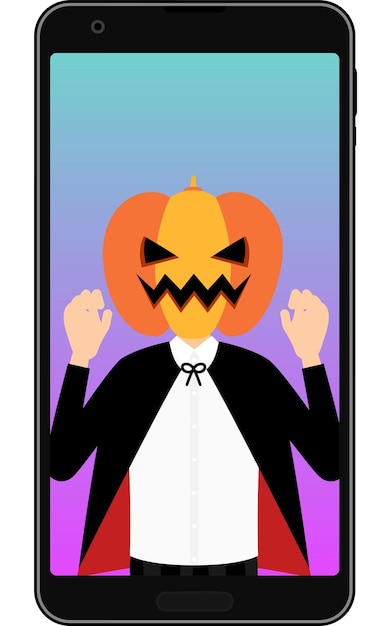 Vector boy in jacko'lantern costume having an online halloween party on his phone
