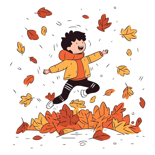 Vector boy jumping in autumn leaves in cartoon comic style