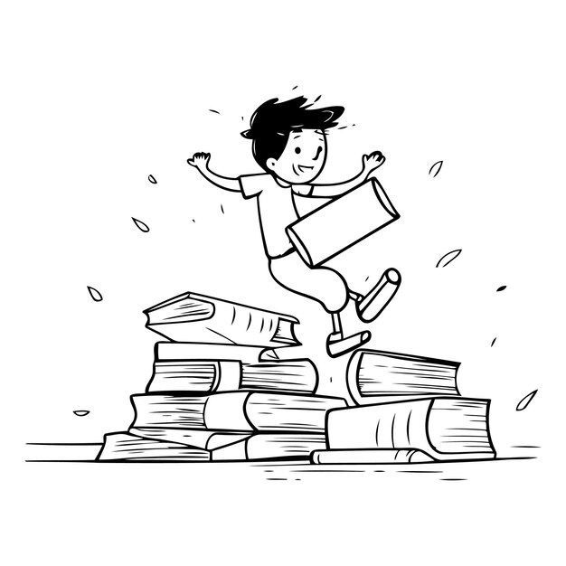 Boy jumping from a pile of books in cartoon style