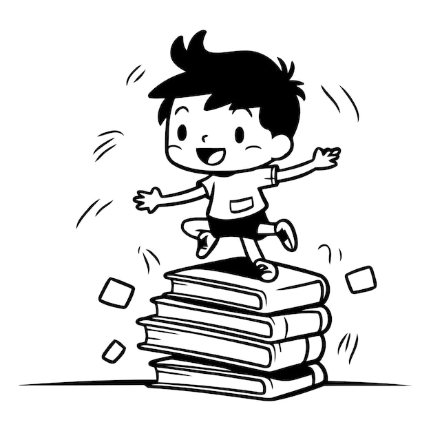 ベクトル 少年が本の山にジャンプする 教育コンセプト