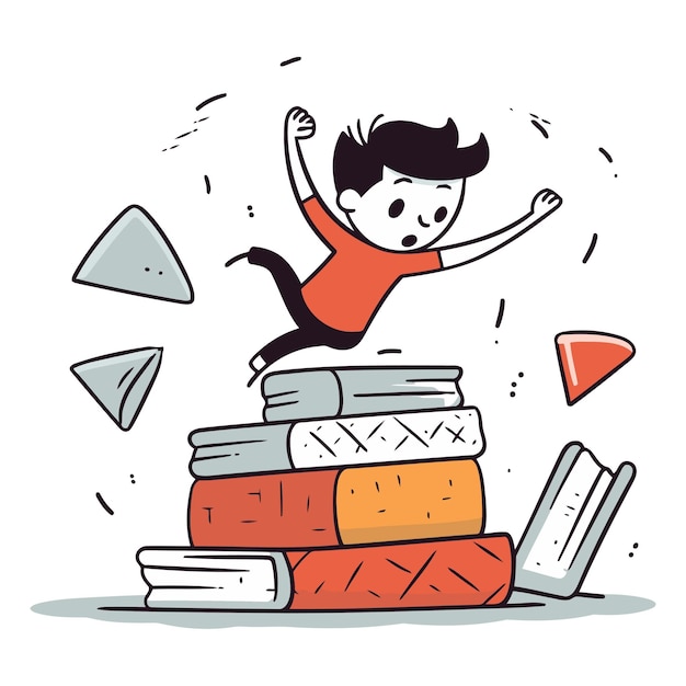 Vector boy jumping over a pile of books in cartoon style