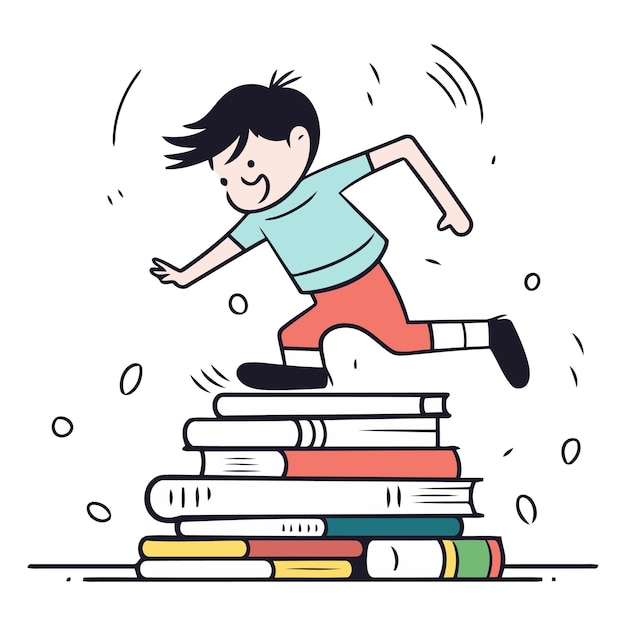 Boy jumping on pile of books in doodle style