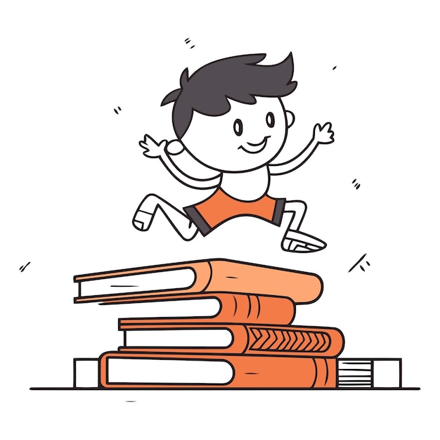 Boy jumping on stack of books Vector line art cartoon illustration