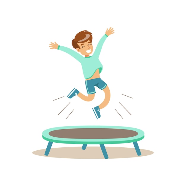 Boy Jumping On Trampoline Kid Practicing Different Sports And Physical Activities In Physical Education Class