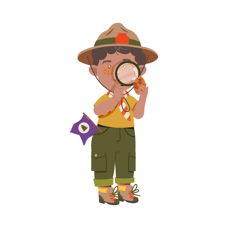 Vector boy junior scout with freckles examining fir cone with magnifying glass vector illustration