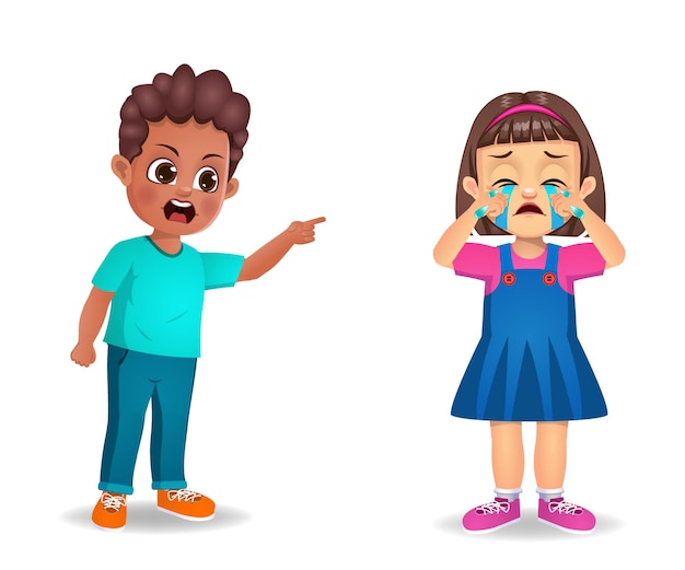 Мальчик-ребенок злится на девочку-ребенка и заставляет ее плакать