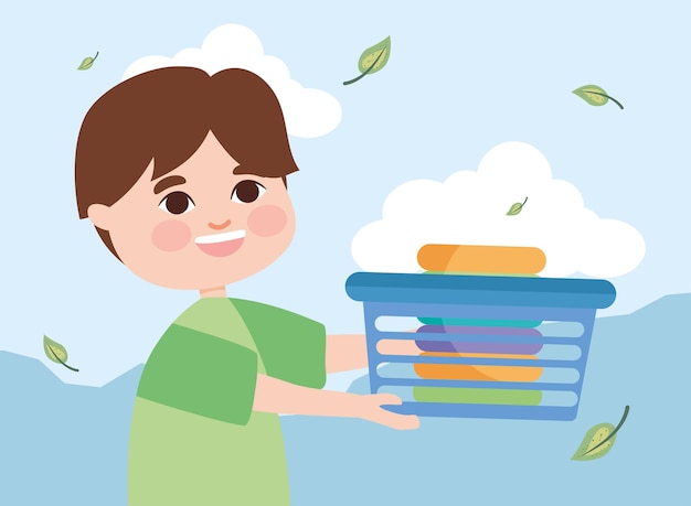 Boy kid with laundry basket in front of landscape