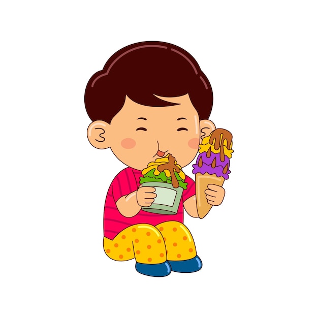 Vector boy kids eating ice cream vector illustration