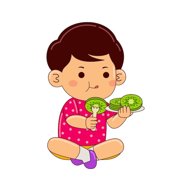 Vector boy kids eating kiwi vector illustration