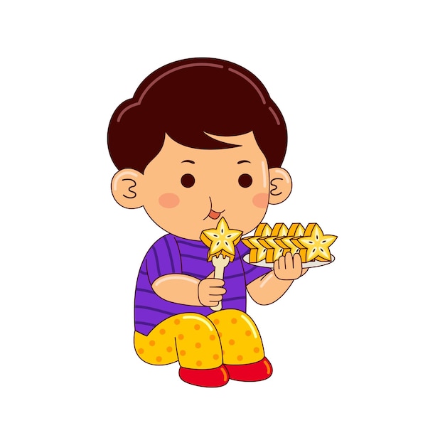 boy kids eating star fruit vector illustration