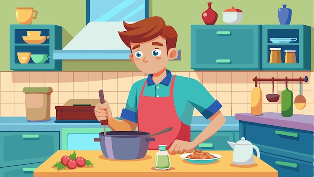 a boy in a kitchen cooking with a spoon