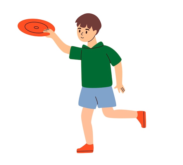 Vector boy launches flying saucer outside kids activities and games summer outdoor pastime flat vector illustration