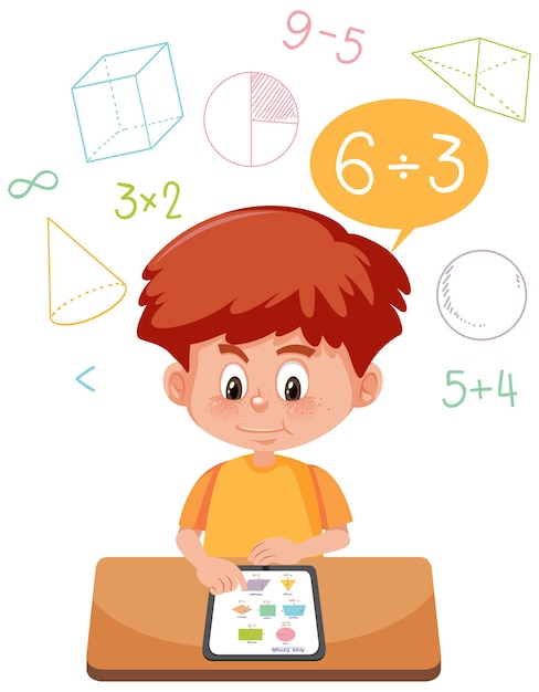 Vector boy learning math using tablet