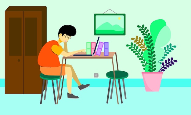 A boy learning or working from home using a laptop flat vector illustration