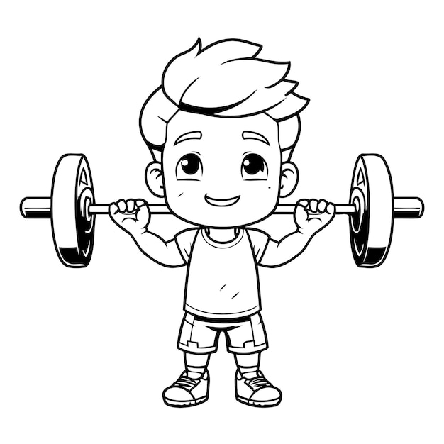 Boy lifting barbell Black and White Cartoon Illustration Vector