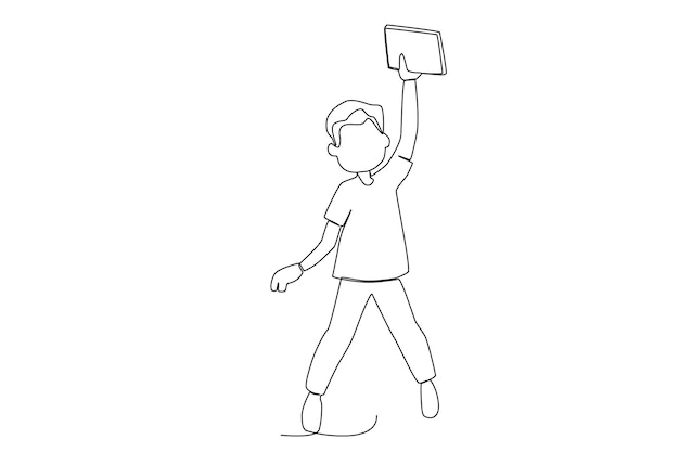 A boy lifting a book while jumping one line art