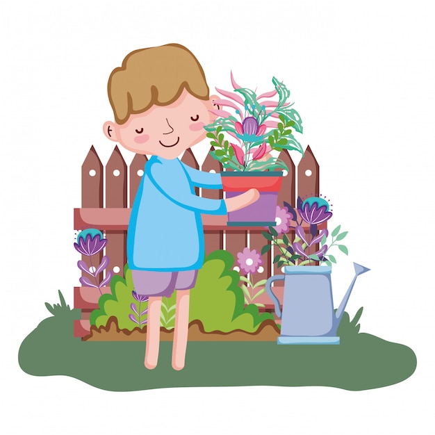 Vector boy lifting houseplant with fence and sprinkler