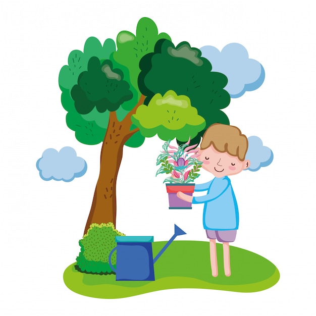 Boy lifting houseplant with sprinkler in the landscape