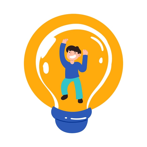 Boy in Light bulb Lighting electricity electric shine wiring glow Thinking creative idea creativity solution strategy Positive thinking concept Flat Man in a blue tshirt and green pants