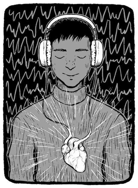 Vector boy listening to music from the heart with headphones. hand drawn vector illustration in monochrome colors. abstract graphic drawing isolated on white. for design, decor.