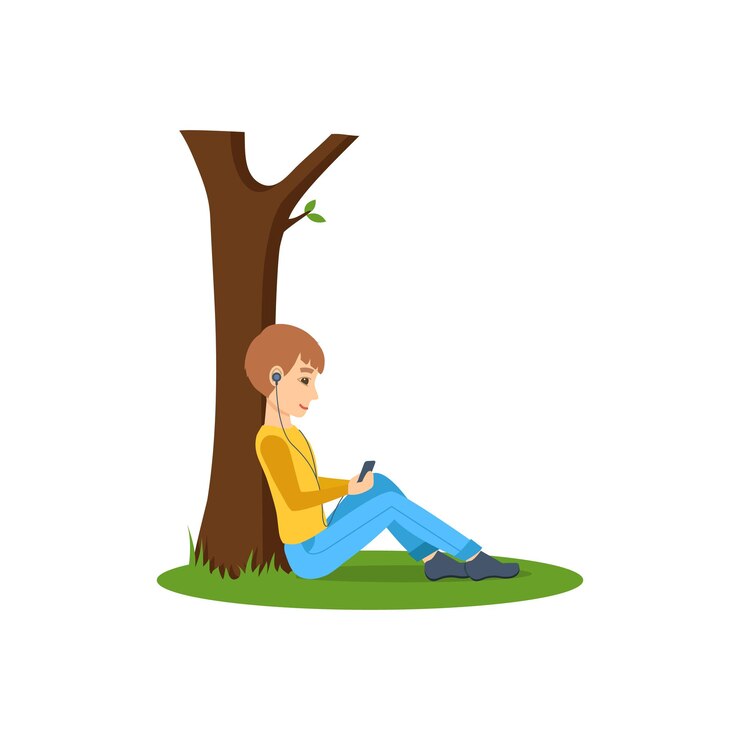 Vector boy listening to music near tree in the park