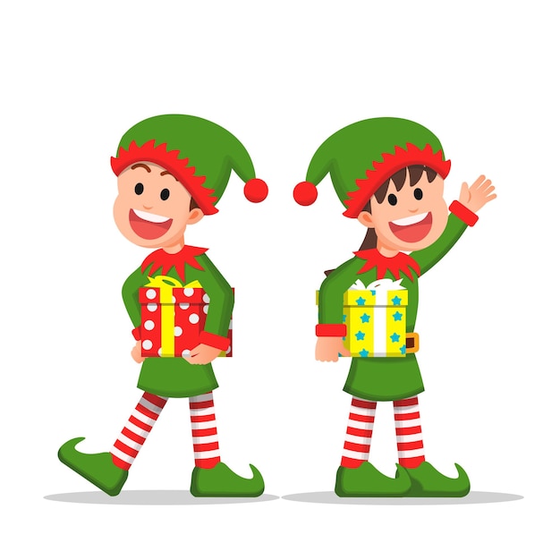 Boy and little girl dressed as an elf and holding a gift box