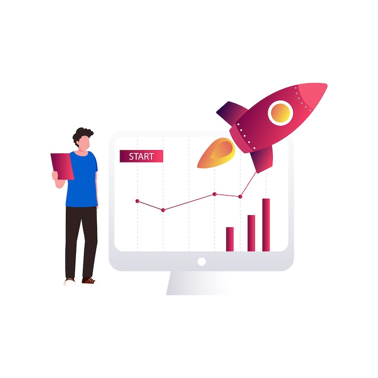 Vector boy looking at business startup monitor