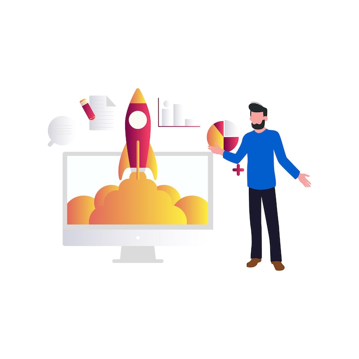 Vector boy looking at business startup on monitor
