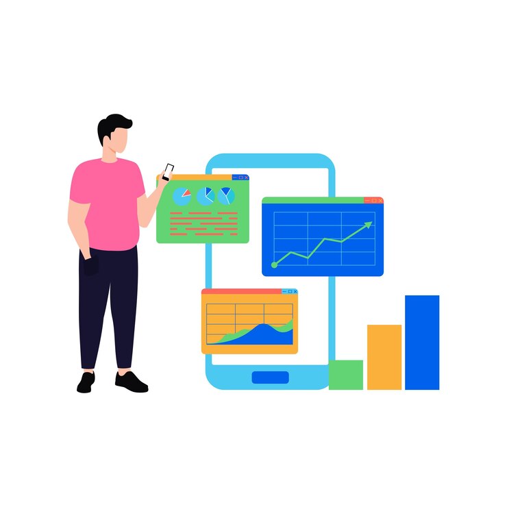 Vector boy looking at chart graph