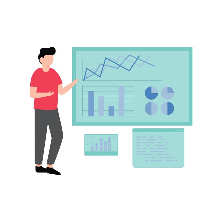 Vector boy looking at chart graph