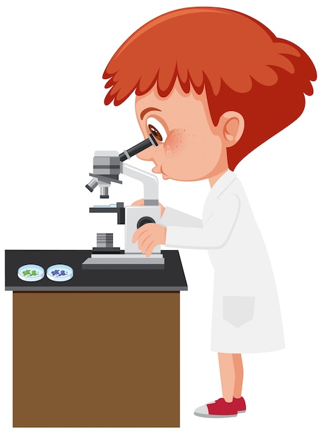 Vector boy looking at different types of cells through the microscope