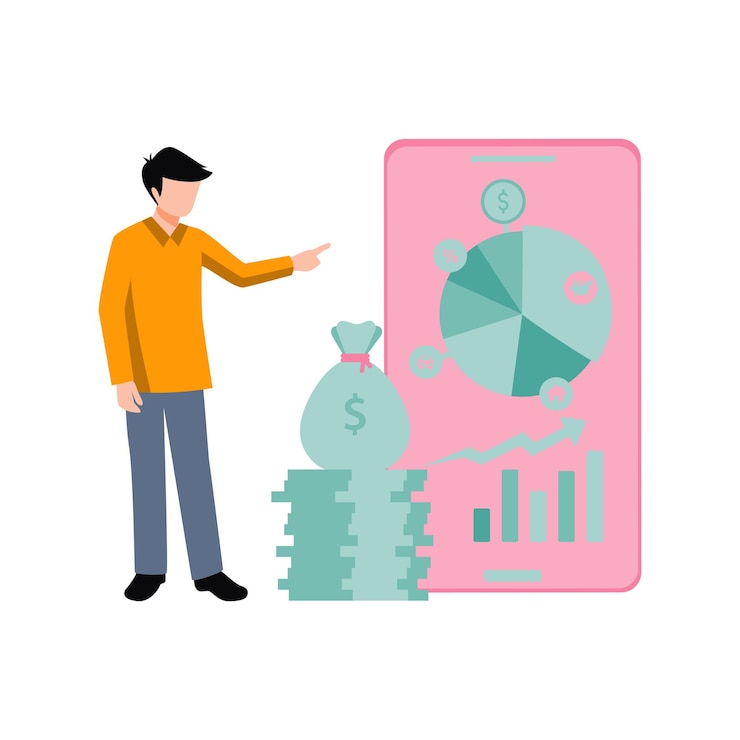 Vector boy looking at dollar chart graph board
