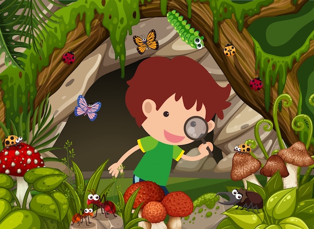 Boy looking at insects in the forest