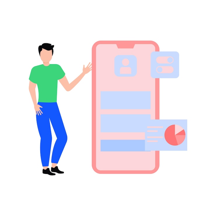 Vector boy looking at mobile profile