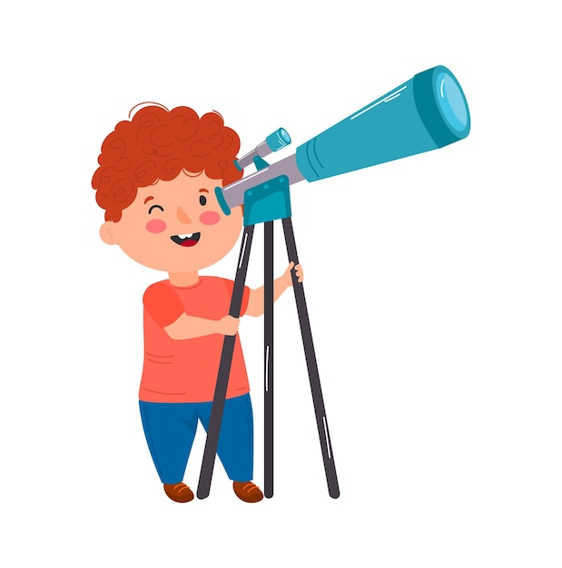 A boy looking through telescope at night illustration