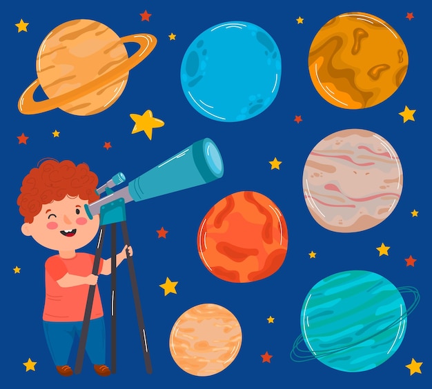 A boy looking through telescope at night Planets of solar system Vector illustration