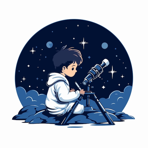 Boy looking through a telescope in the night sky Vector illustration